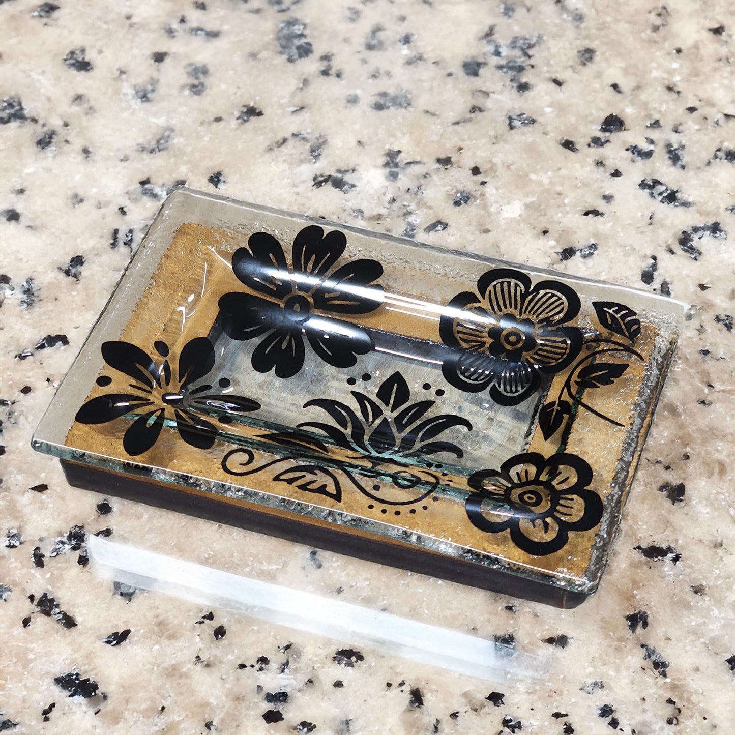 NZ Made Glass Rimu Soap/Jewelry Dish Wild Flowers - Blk