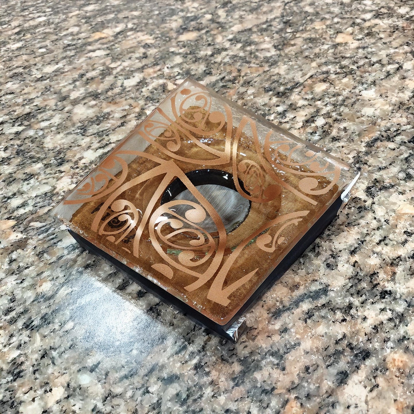 NZ Made Glass Rimu Candle/Ring Dish Kowhaiwhai - Copper