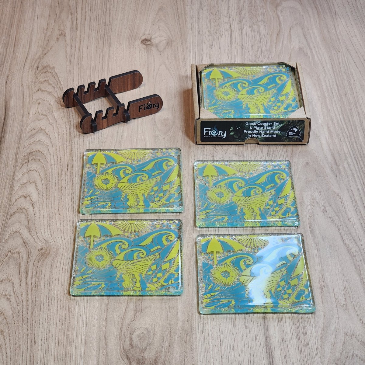 Kiwi Summer Blue/Yellow Glass Coasters - Pack of 4 - Fiery Creations Ltd
