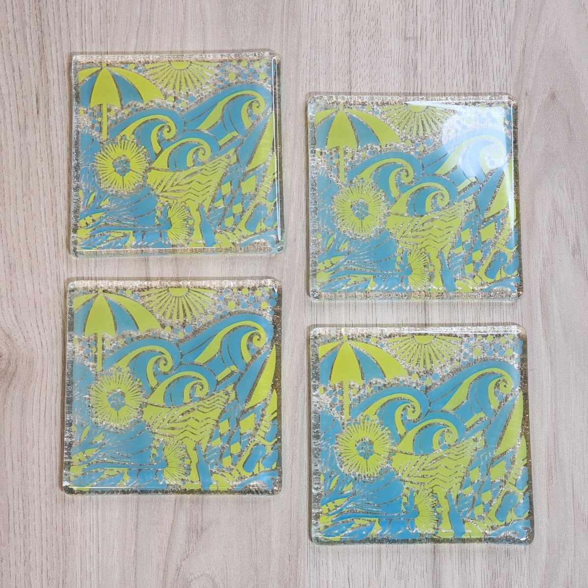 Kiwi Summer Blue/Yellow Glass Coasters - Pack of 4 - Fiery Creations Ltd