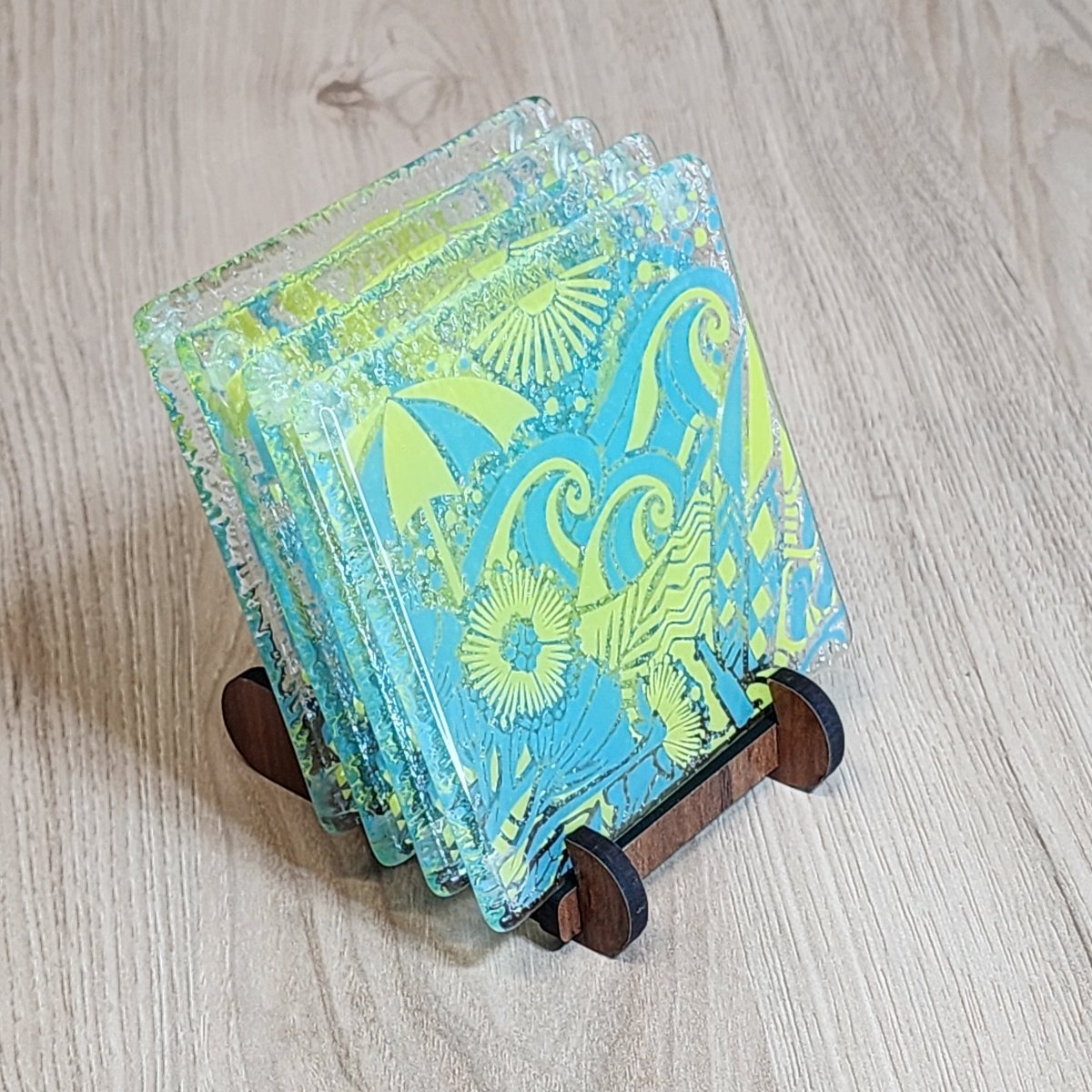 Kiwi Summer Blue/Yellow Glass Coasters - Pack of 4 - Fiery Creations Ltd