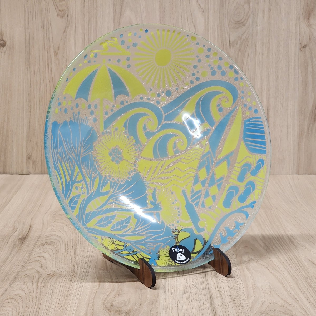 Kiwi Summer Blue/Yellow - Medium Bowl 310mm round w/stand - Fiery Creations Ltd