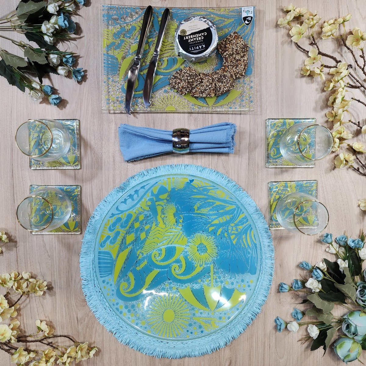 Kiwi Summer Blue/Yellow - Medium Bowl 310mm round w/stand - Fiery Creations Ltd