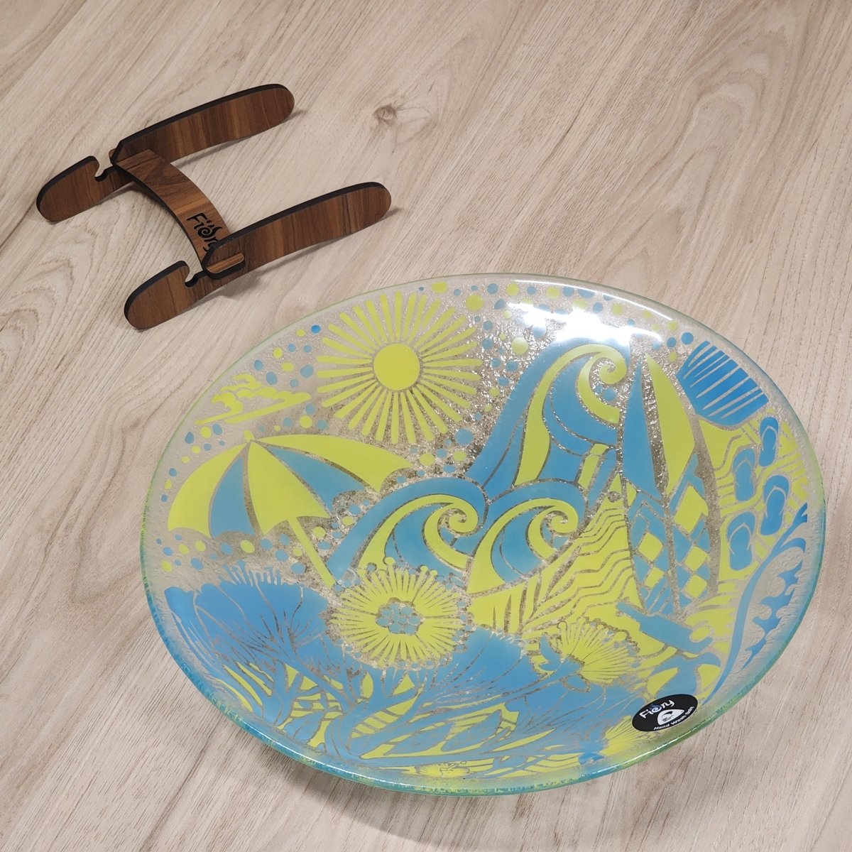 Kiwi Summer Blue/Yellow - Medium Bowl 310mm round w/stand - Fiery Creations Ltd
