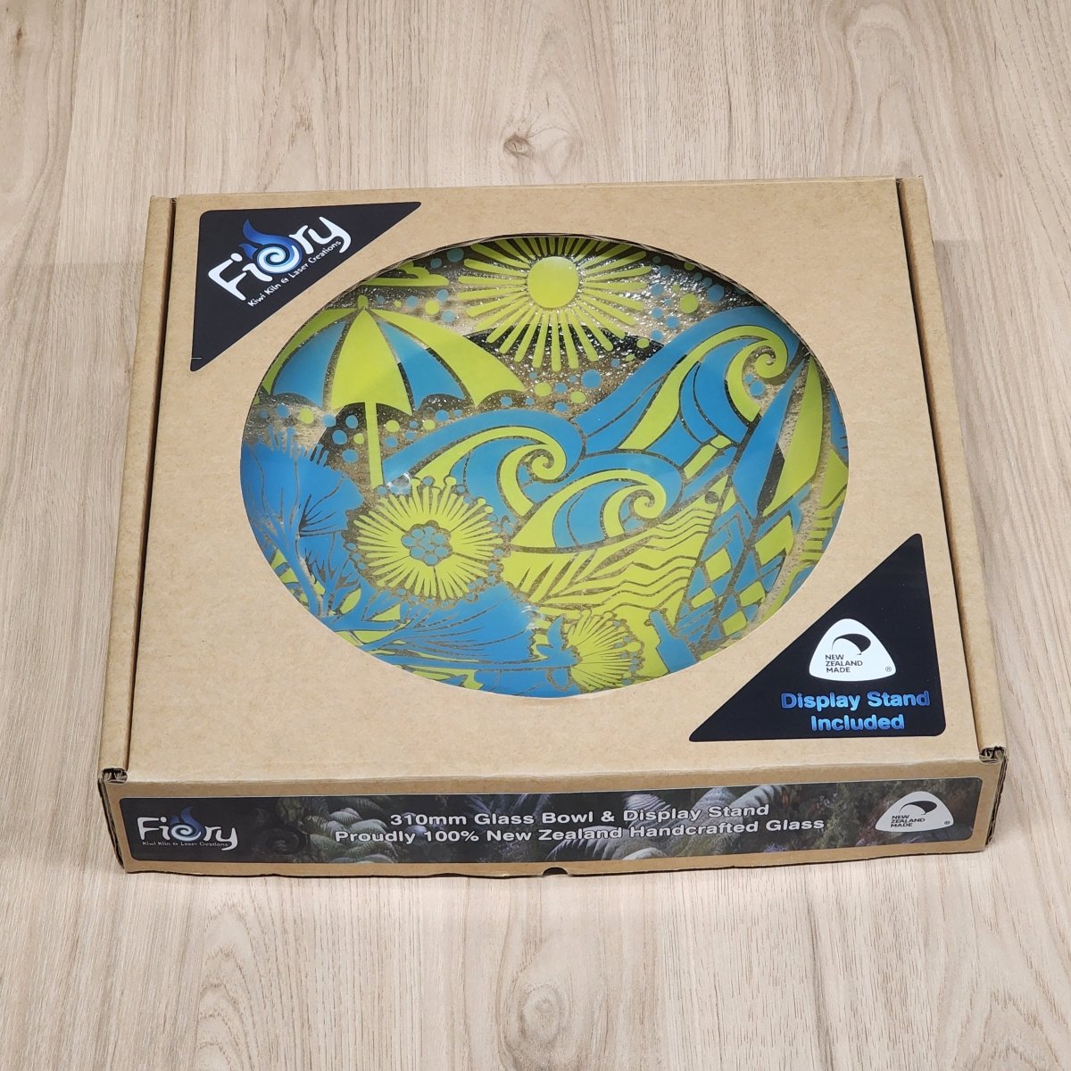 Kiwi Summer Blue/Yellow - Medium Bowl 310mm round w/stand - Fiery Creations Ltd
