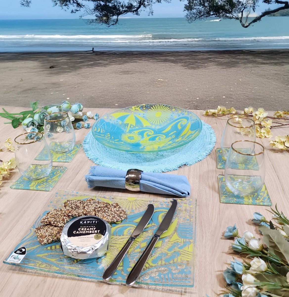 Kiwi Summer Blue/Yellow - Medium Bowl 310mm round w/stand - Fiery Creations Ltd