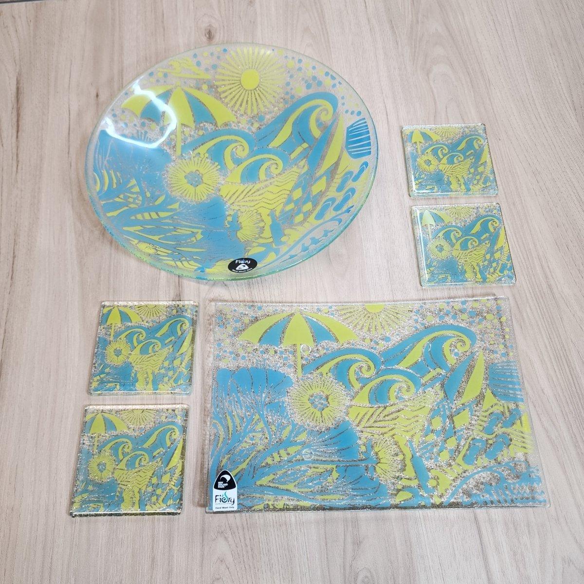 Kiwi Summer Glass Tableware Set Blue/Yellow - Bowl, Platter & Coaster Set w/stands - Fiery Creations Ltd