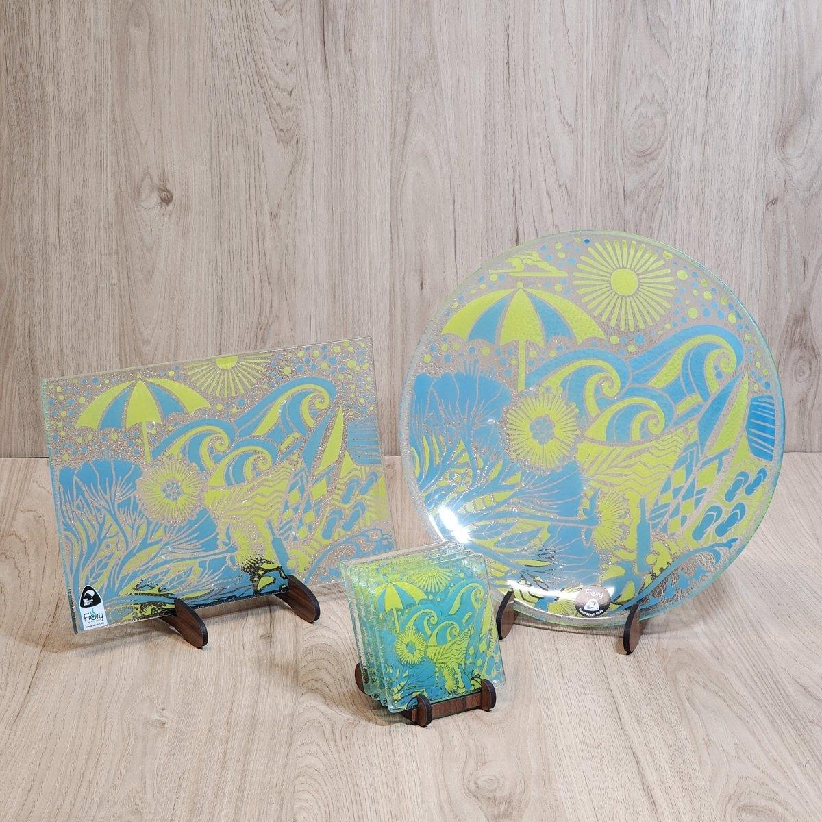 Kiwi Summer Glass Tableware Set Blue/Yellow - Bowl, Platter & Coaster Set w/stands - Fiery Creations Ltd