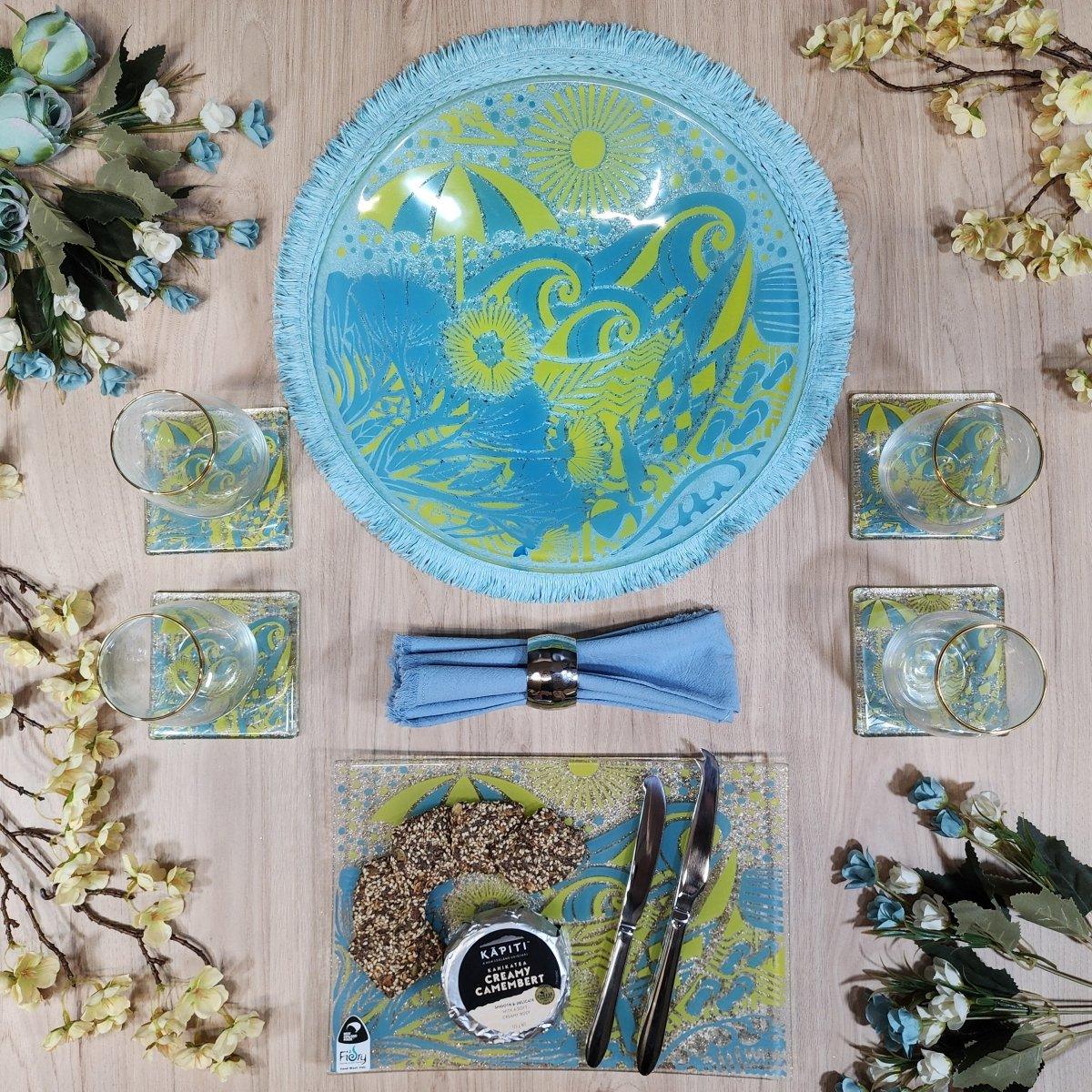 Kiwi Summer Glass Tableware Set Blue/Yellow - Bowl, Platter & Coaster Set w/stands - Fiery Creations Ltd