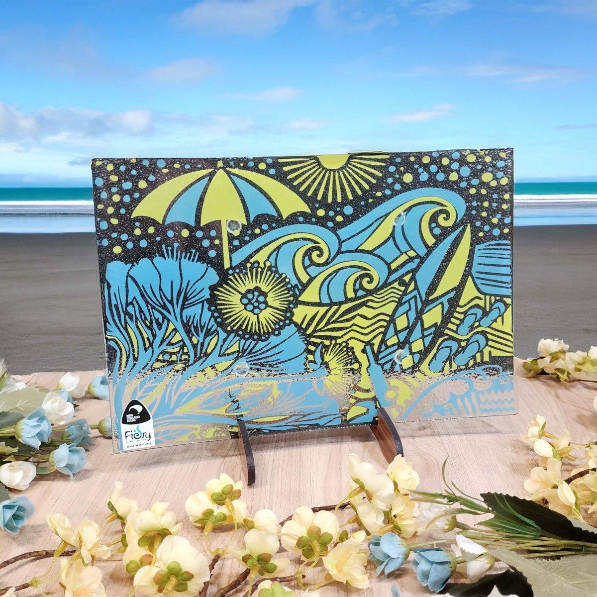 Kiwi Summer Glass Tableware Set Blue/Yellow - Bowl, Platter & Coaster Set w/stands - Fiery Creations Ltd
