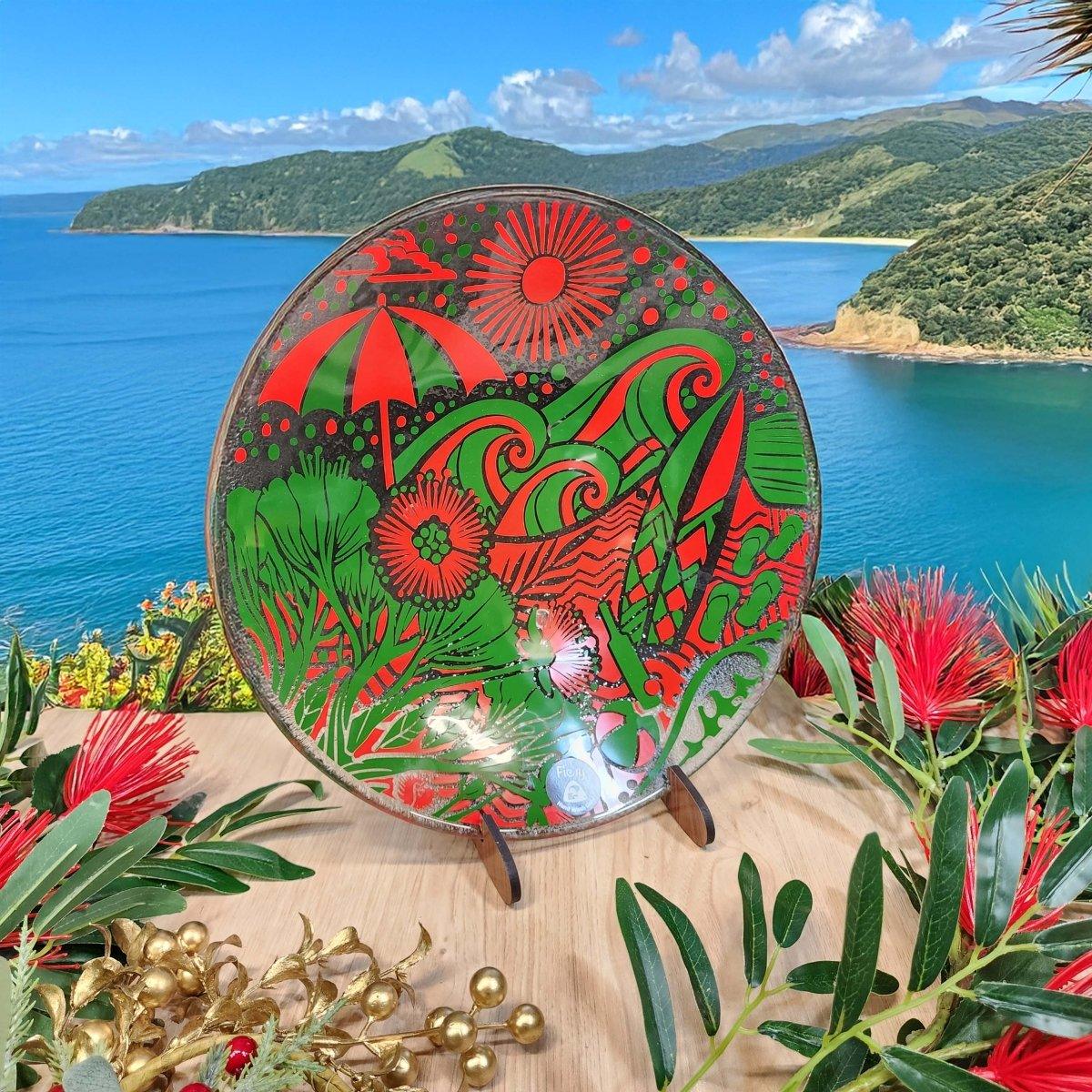 Kiwi Summer Glass Tableware Set Red/Green - Bowl, Platter & Coaster Set w/stands - Fiery Creations Ltd