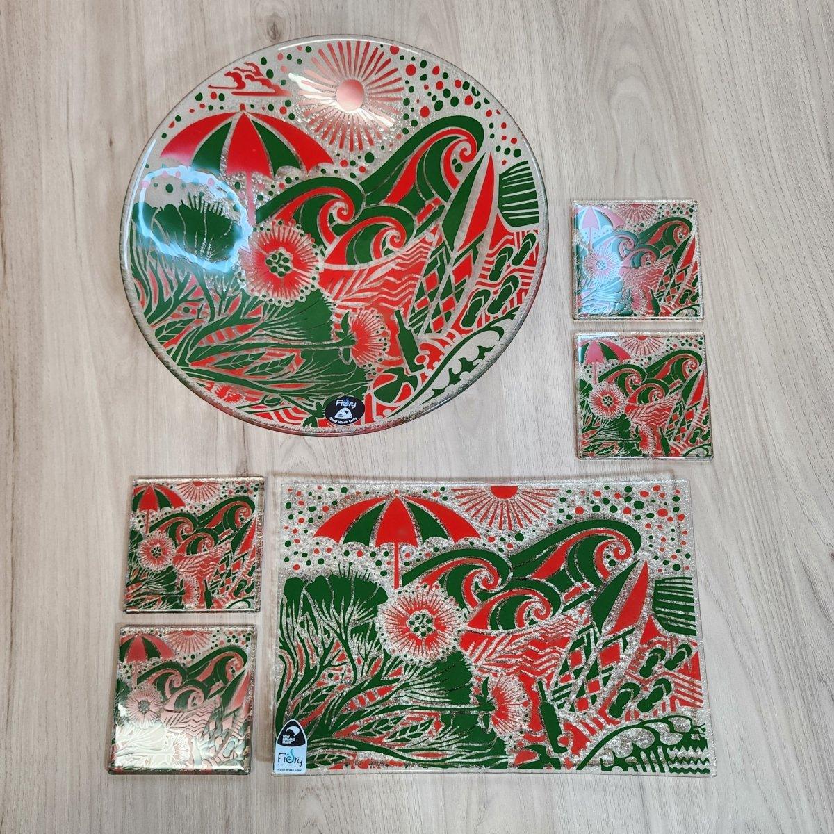 Kiwi Summer Glass Tableware Set Red/Green - Bowl, Platter & Coaster Set w/stands - Fiery Creations Ltd