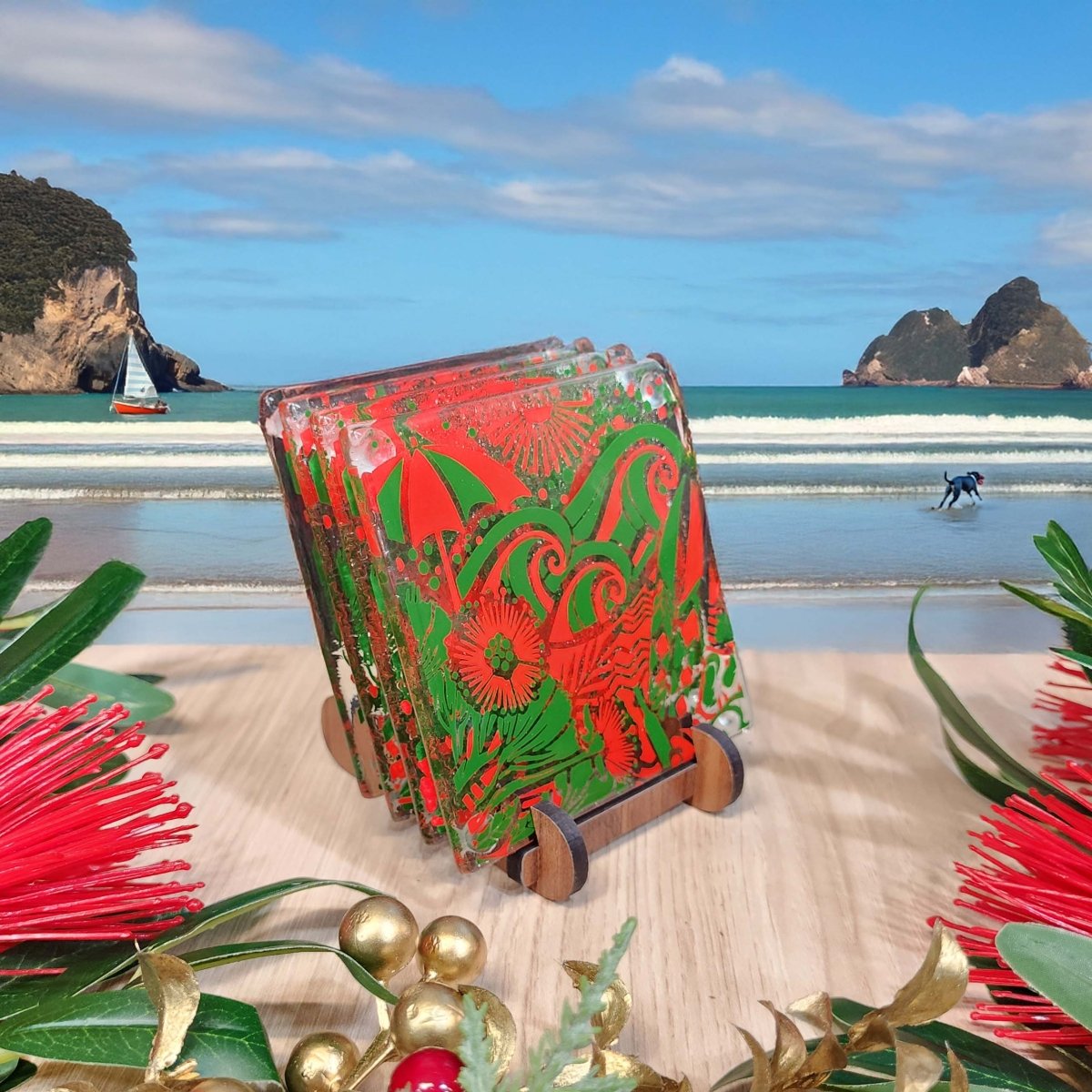 Kiwi Summer Red/Green Glass Coasters - Pack of 4 - Fiery Creations Ltd