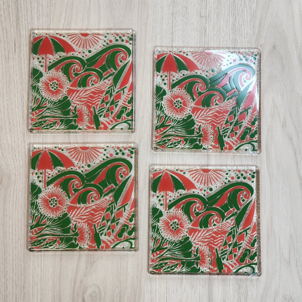 Kiwi Summer Red/Green Glass Coasters - Pack of 4 - Fiery Creations Ltd
