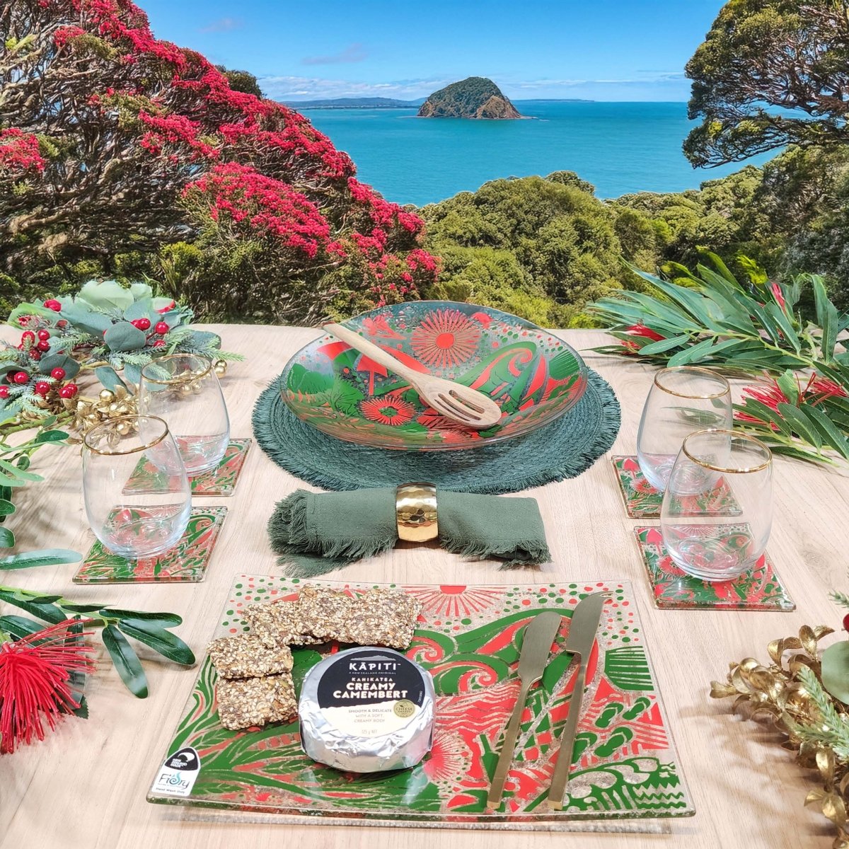Kiwi Summer Red/Green Glass Coasters - Pack of 4 - Fiery Creations Ltd