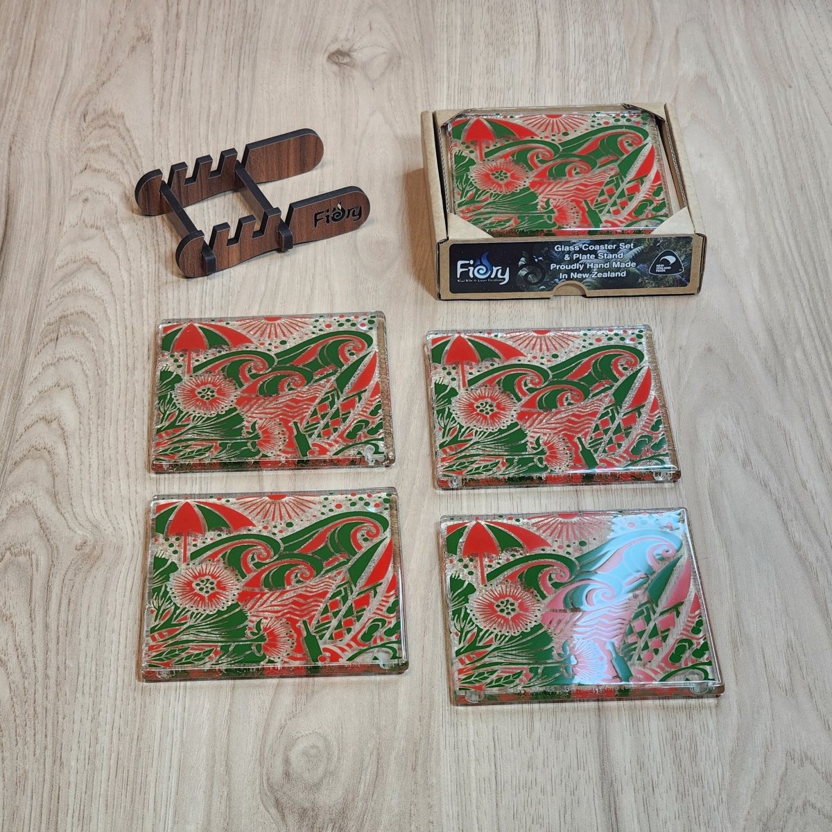 Kiwi Summer Red/Green Glass Coasters - Pack of 4 - Fiery Creations Ltd