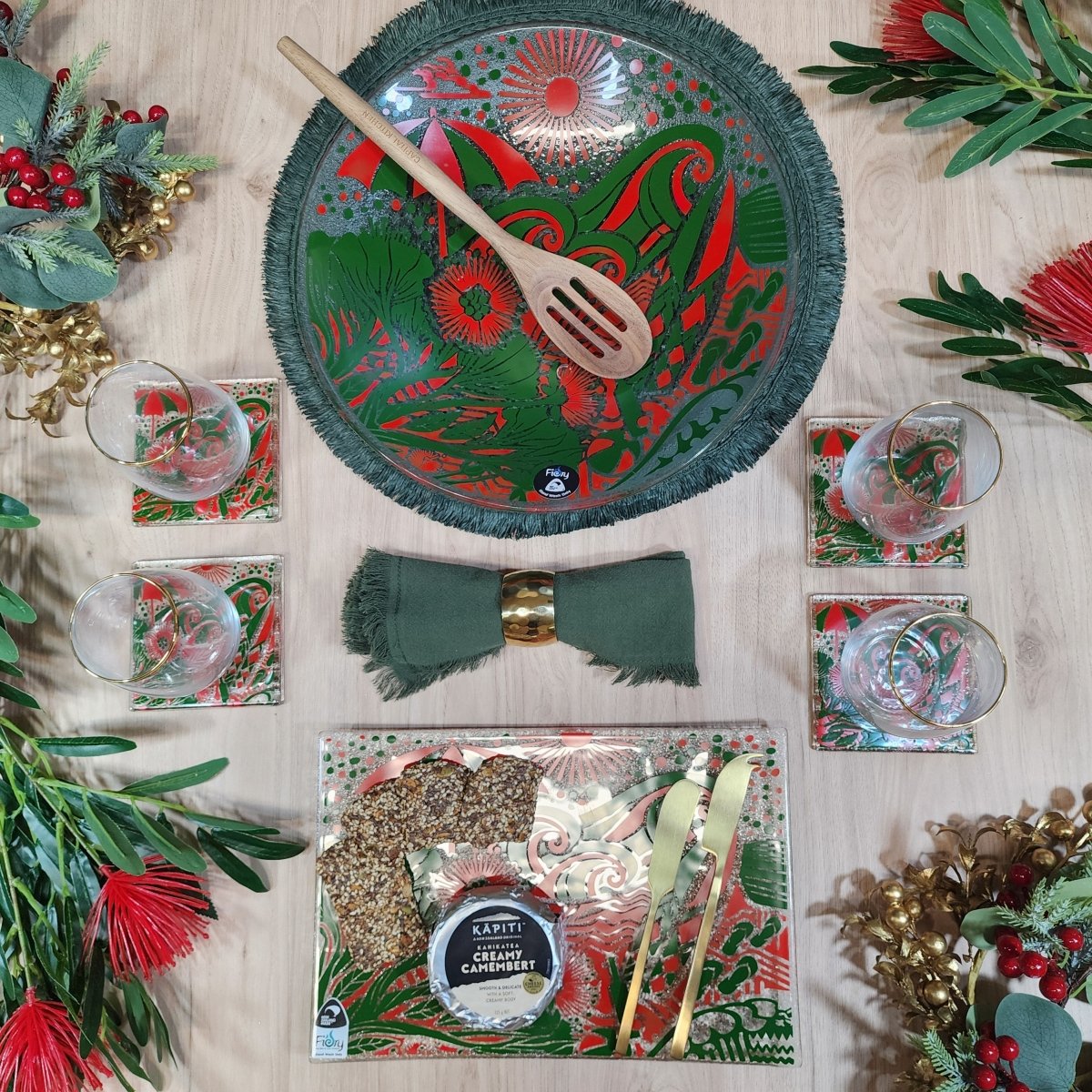 Kiwi Summer Red/Green Glass Coasters - Pack of 4 - Fiery Creations Ltd