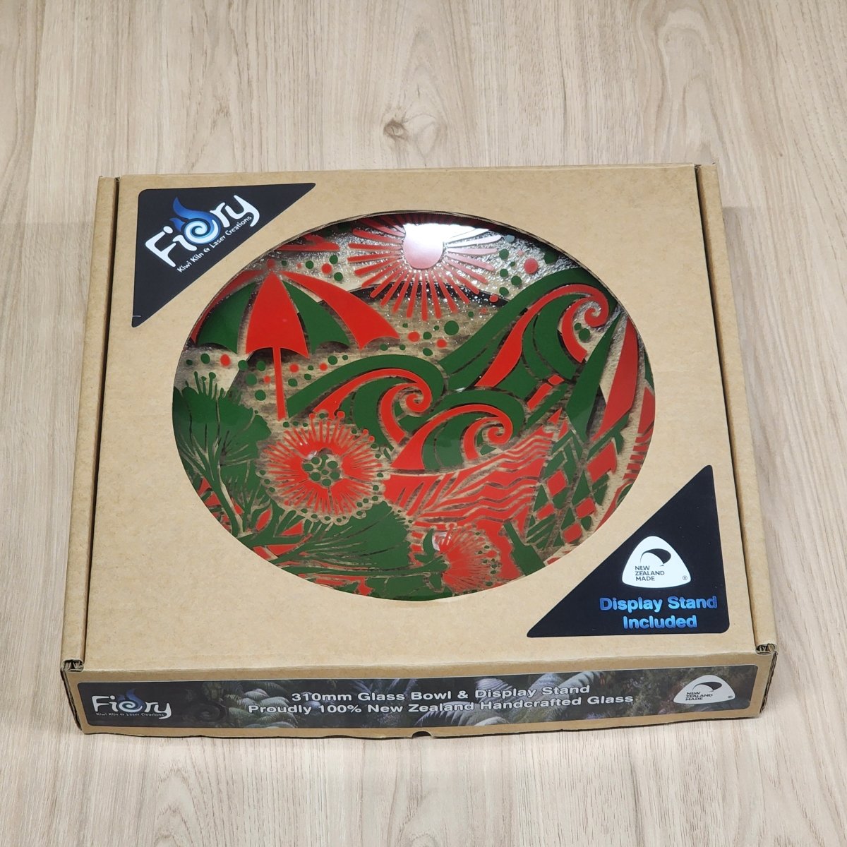 Kiwi Summer Red/Green Medium Bowl 310mm round w/stand - Fiery Creations Ltd