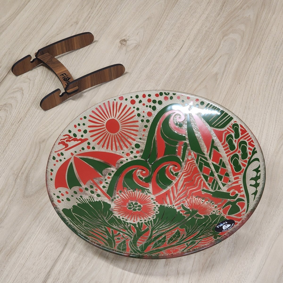 Kiwi Summer Red/Green Medium Bowl 310mm round w/stand - Fiery Creations Ltd