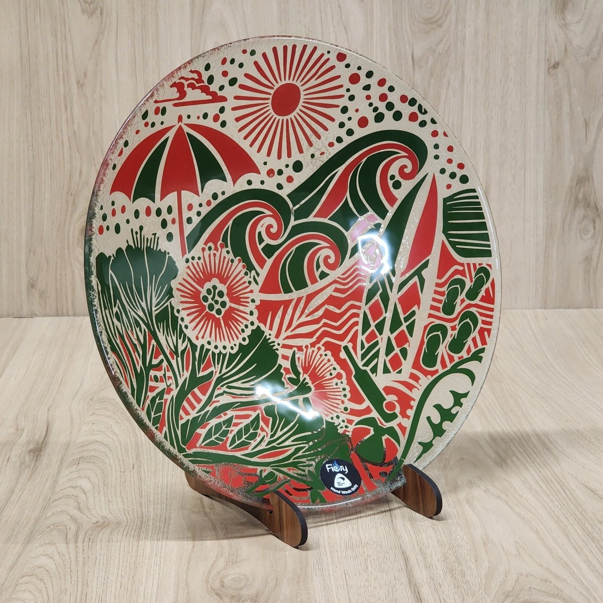 Kiwi Summer Red/Green Medium Bowl 310mm round w/stand - Fiery Creations Ltd