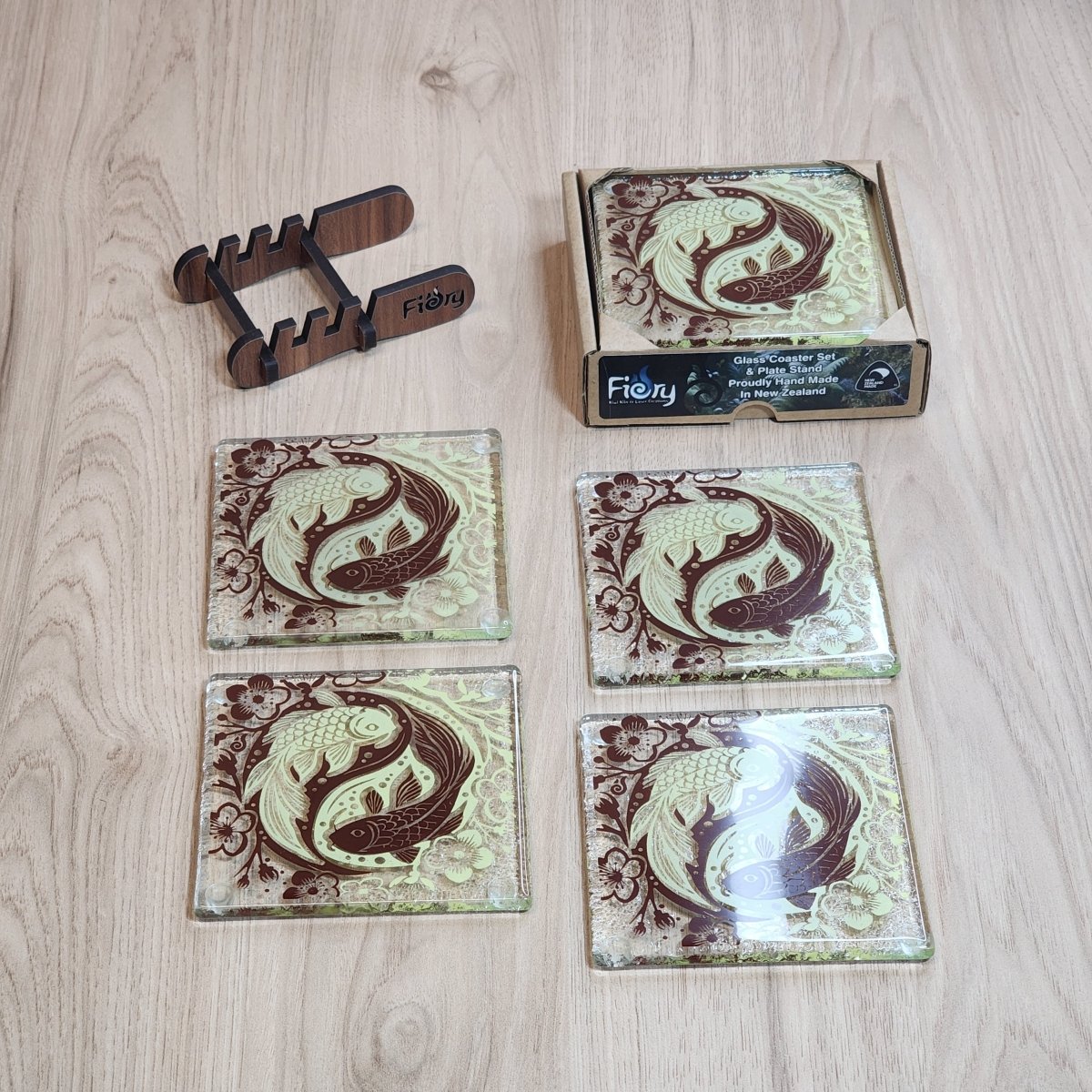 Koi Balance Brown/Lemon Glass Coasters - Pack of 4 - Fiery Creations Ltd