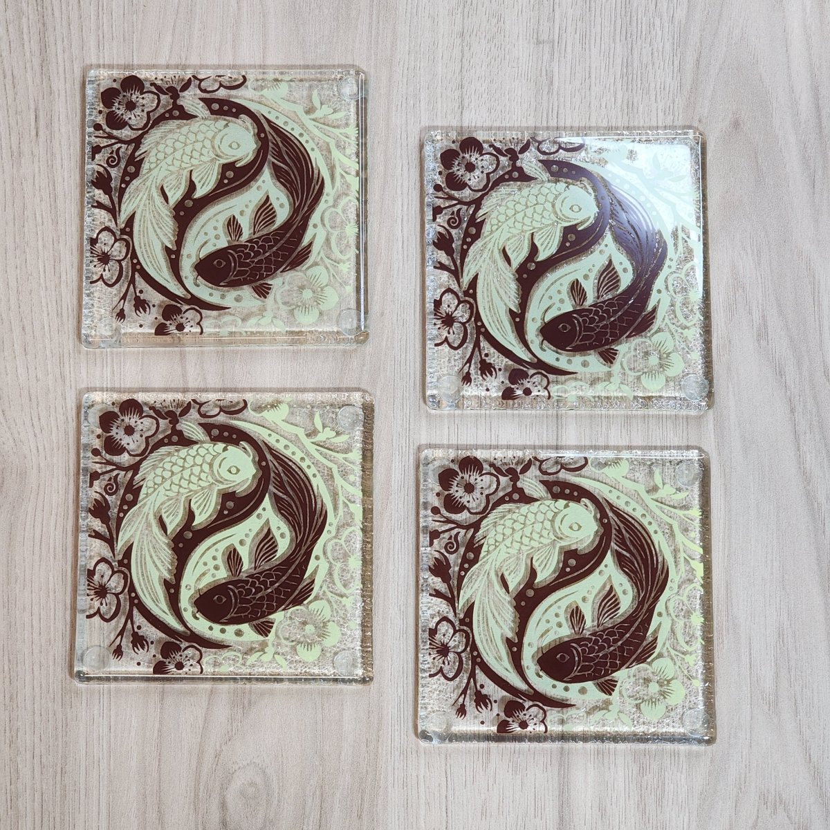 Koi Balance Brown/Lemon Glass Coasters - Pack of 4 - Fiery Creations Ltd