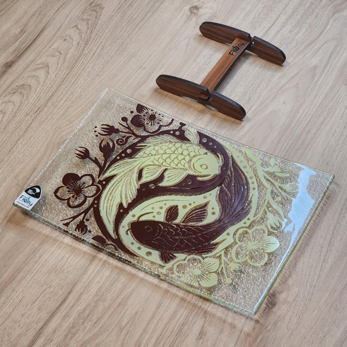 Koi Balance Brown/Lemon Medium Rectangle 300x200mm w/stand - Fiery Creations Ltd