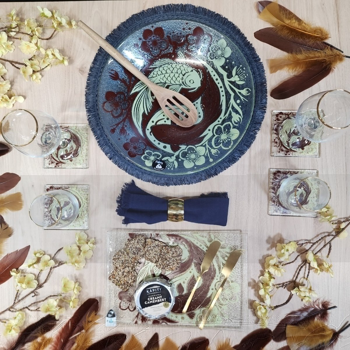 Koi Balance Glass Tableware Set Brown/Lemon - Bowl, Platter & Coaster Set w/stands - Fiery Creations Ltd