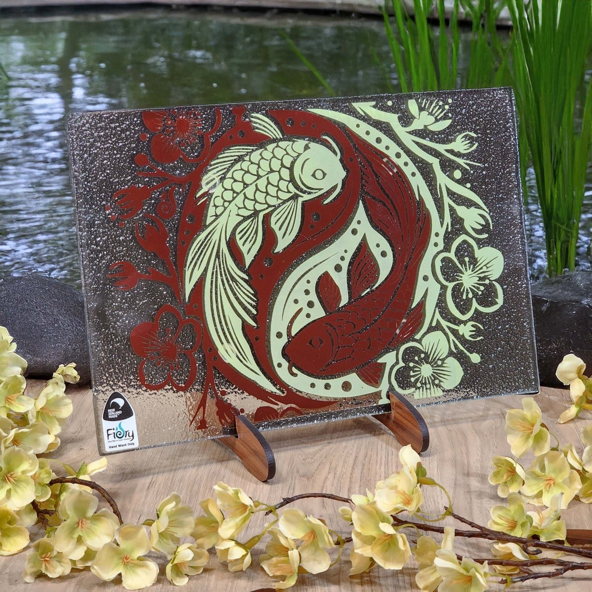 Koi Balance Glass Tableware Set Brown/Lemon - Bowl, Platter & Coaster Set w/stands - Fiery Creations Ltd