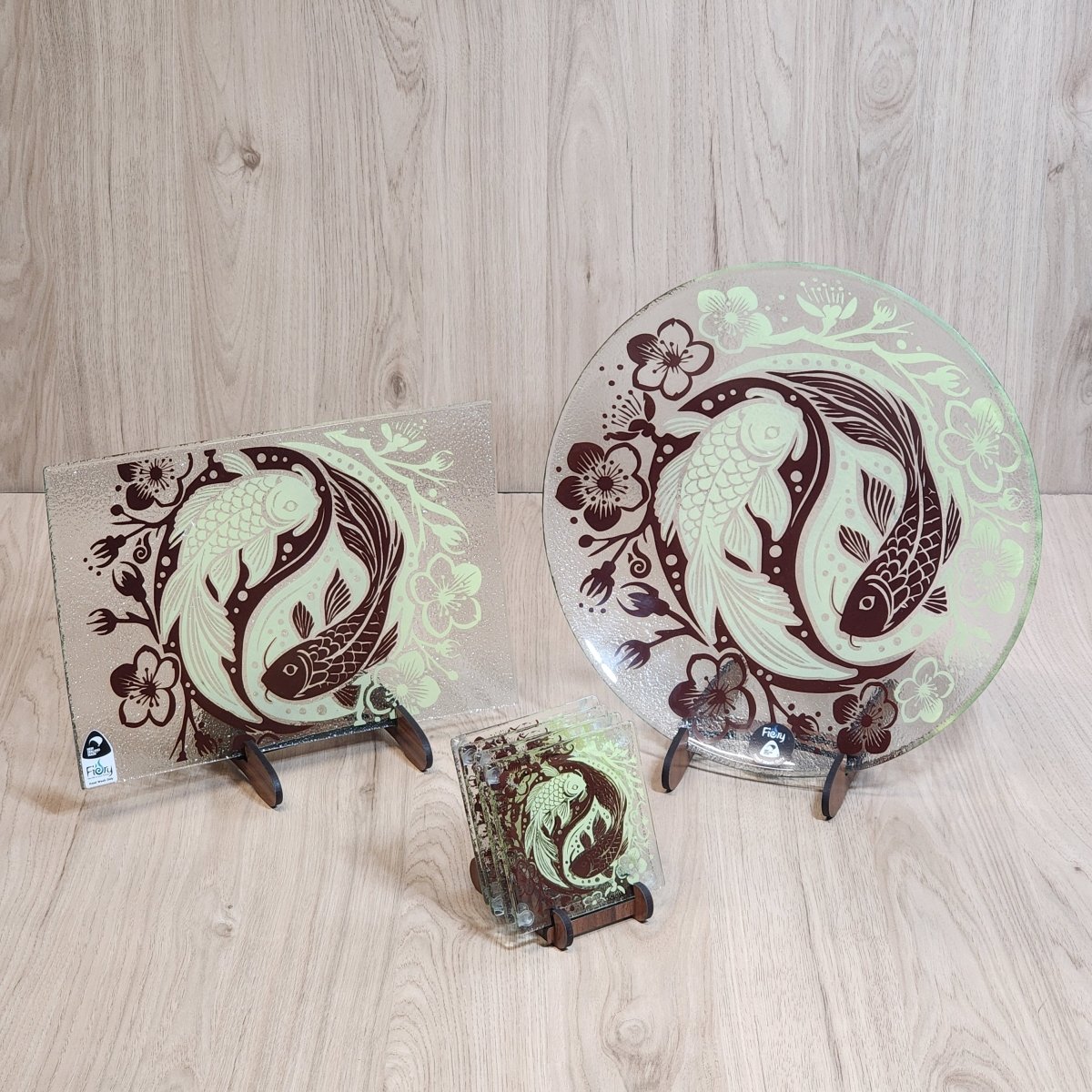Koi Balance Glass Tableware Set Brown/Lemon - Bowl, Platter & Coaster Set w/stands - Fiery Creations Ltd