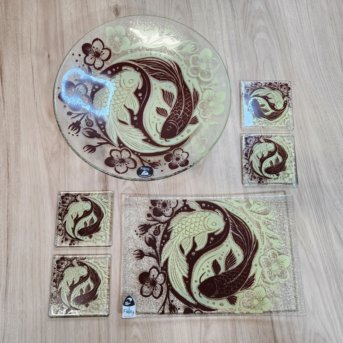 Koi Balance Glass Tableware Set Brown/Lemon - Bowl, Platter & Coaster Set w/stands - Fiery Creations Ltd