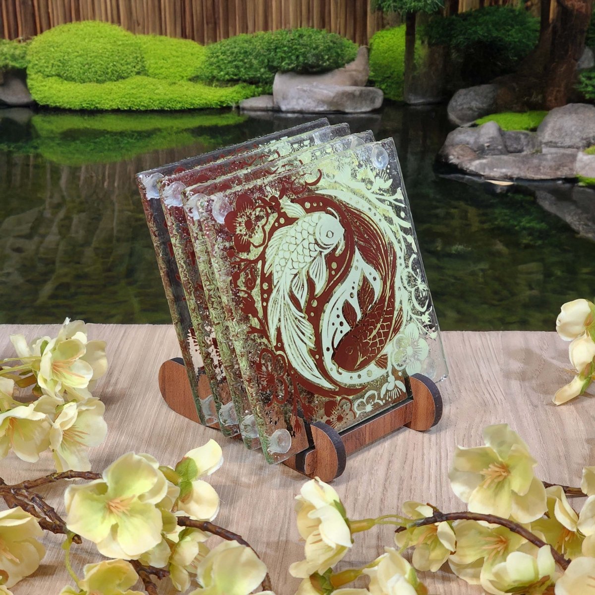 Koi Balance Glass Tableware Set Brown/Lemon - Bowl, Platter & Coaster Set w/stands - Fiery Creations Ltd