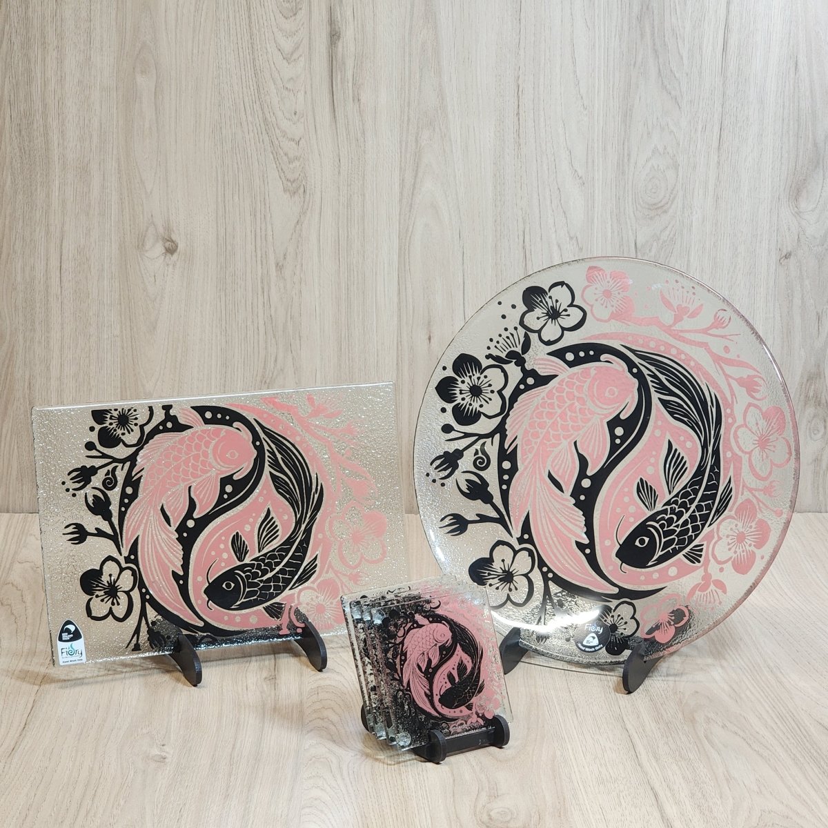 Koi Balance Glass Tableware Set Pink/Black - Bowl, Platter & Coaster Set w/stands - Fiery Creations Ltd