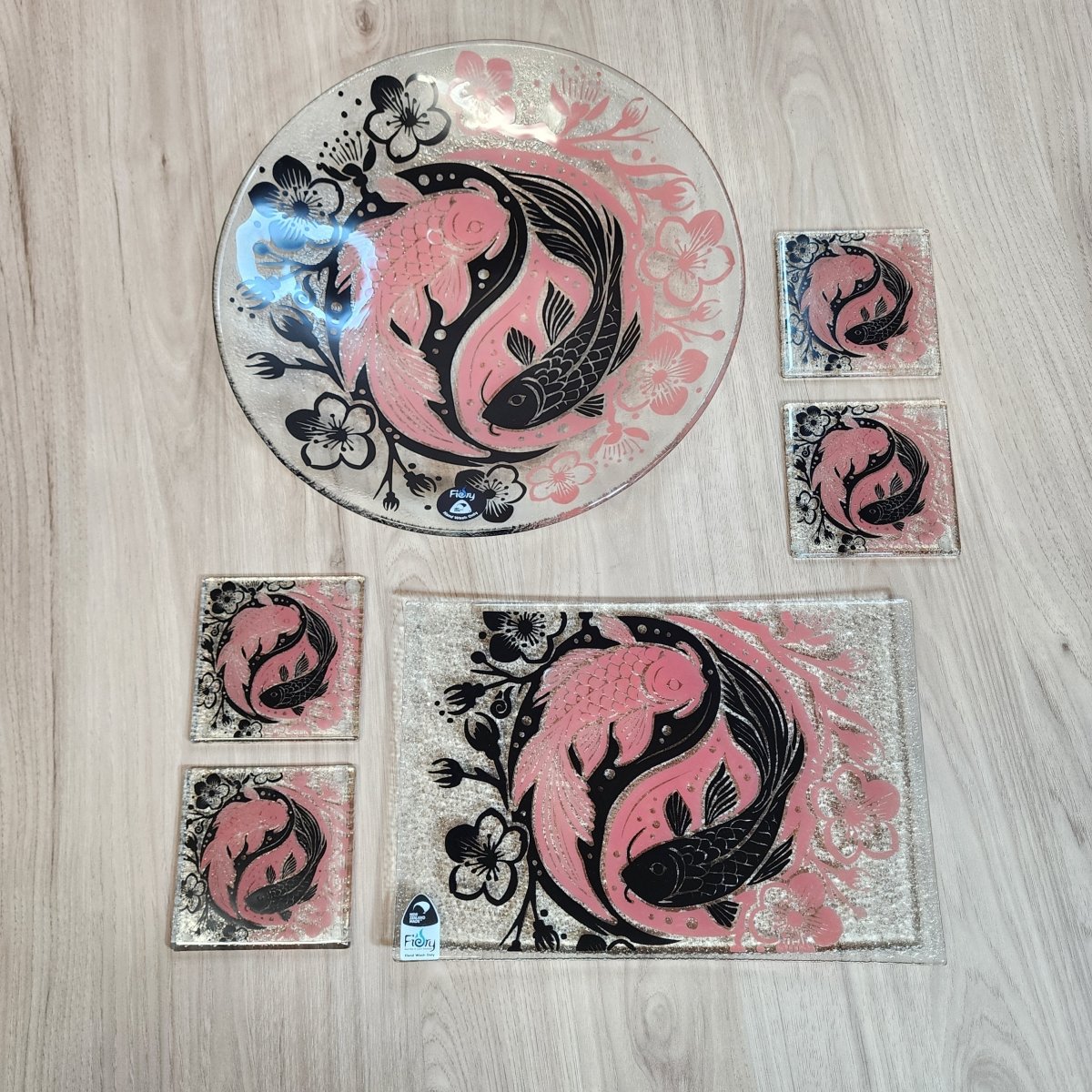 Koi Balance Glass Tableware Set Pink/Black - Bowl, Platter & Coaster Set w/stands - Fiery Creations Ltd