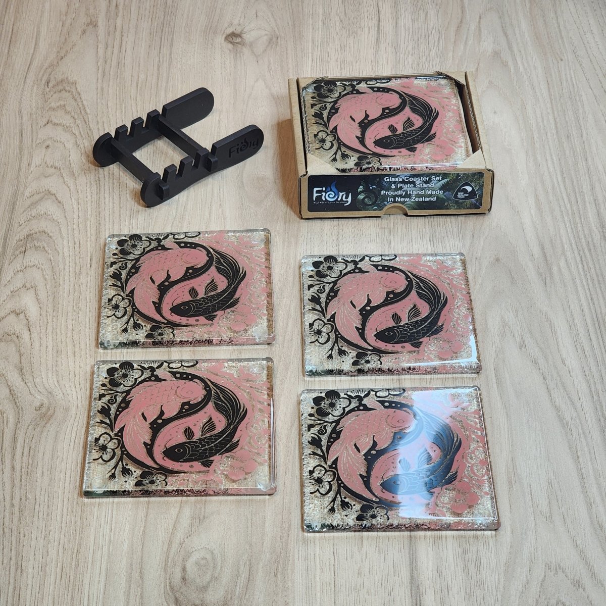 Koi Balance Pink/Black Glass Coasters - Pack of 4 - Fiery Creations Ltd