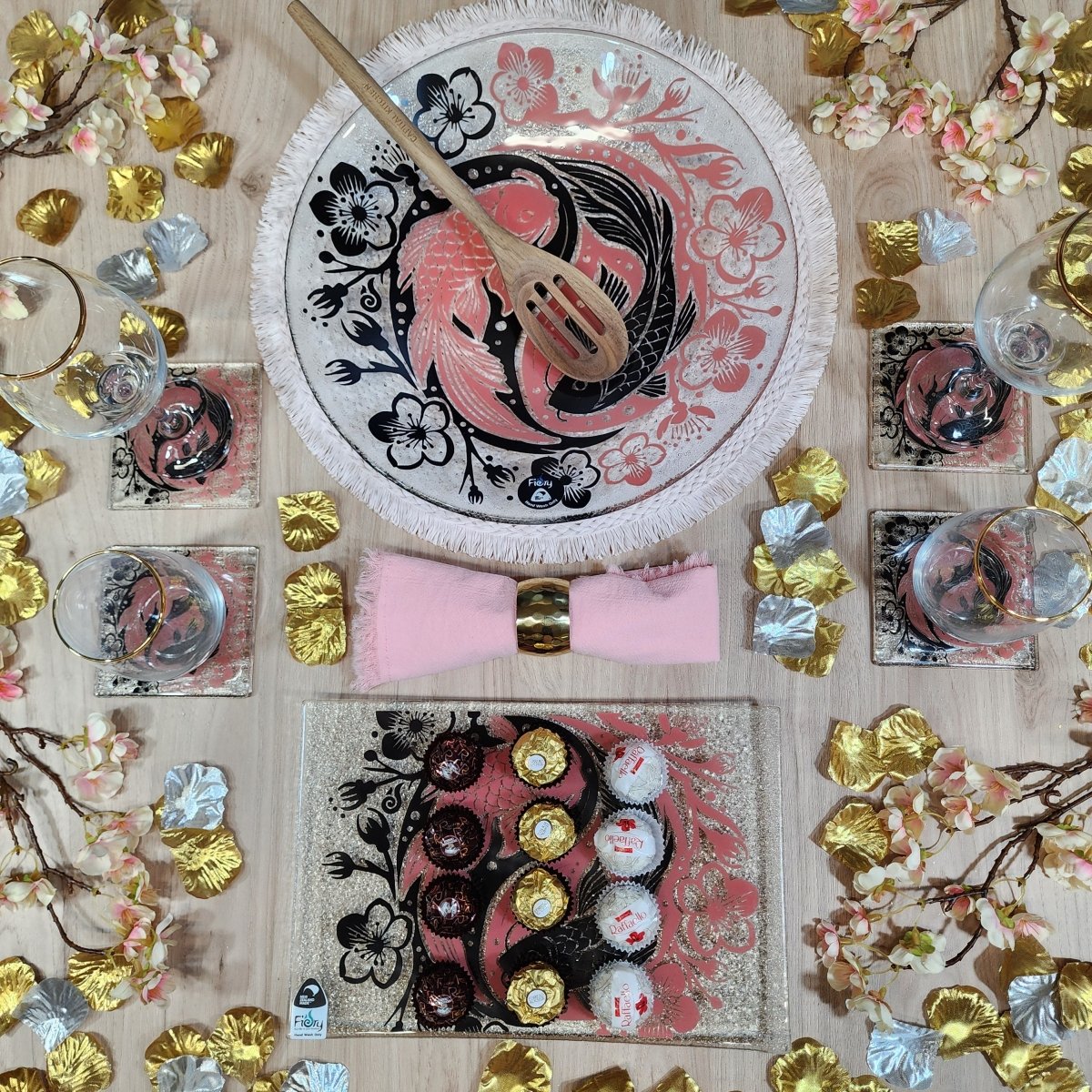 Koi Balance Pink/Black Glass Coasters - Pack of 4 - Fiery Creations Ltd
