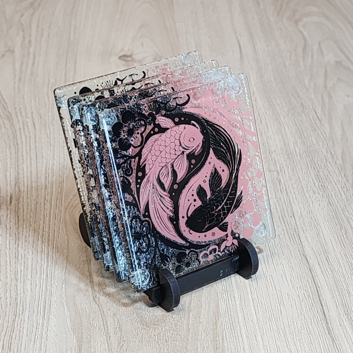 Koi Balance Pink/Black Glass Coasters - Pack of 4 - Fiery Creations Ltd