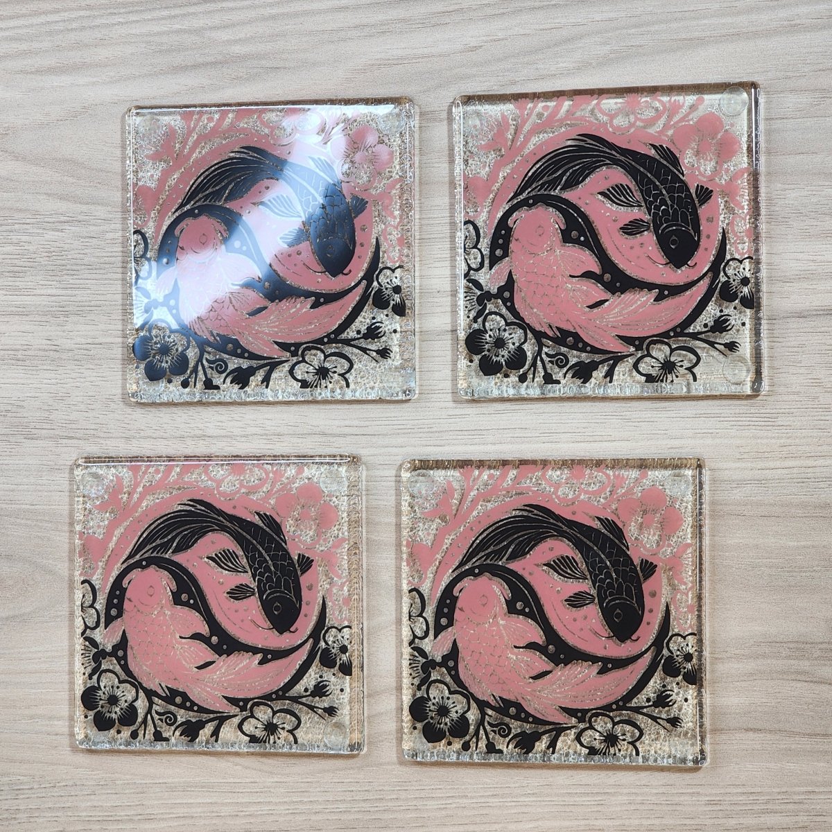 Koi Balance Pink/Black Glass Coasters - Pack of 4 - Fiery Creations Ltd
