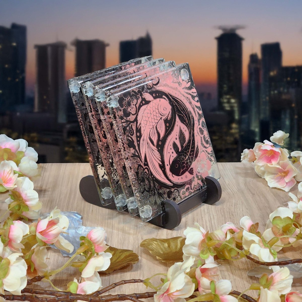 Koi Balance Pink/Black Glass Coasters - Pack of 4 - Fiery Creations Ltd
