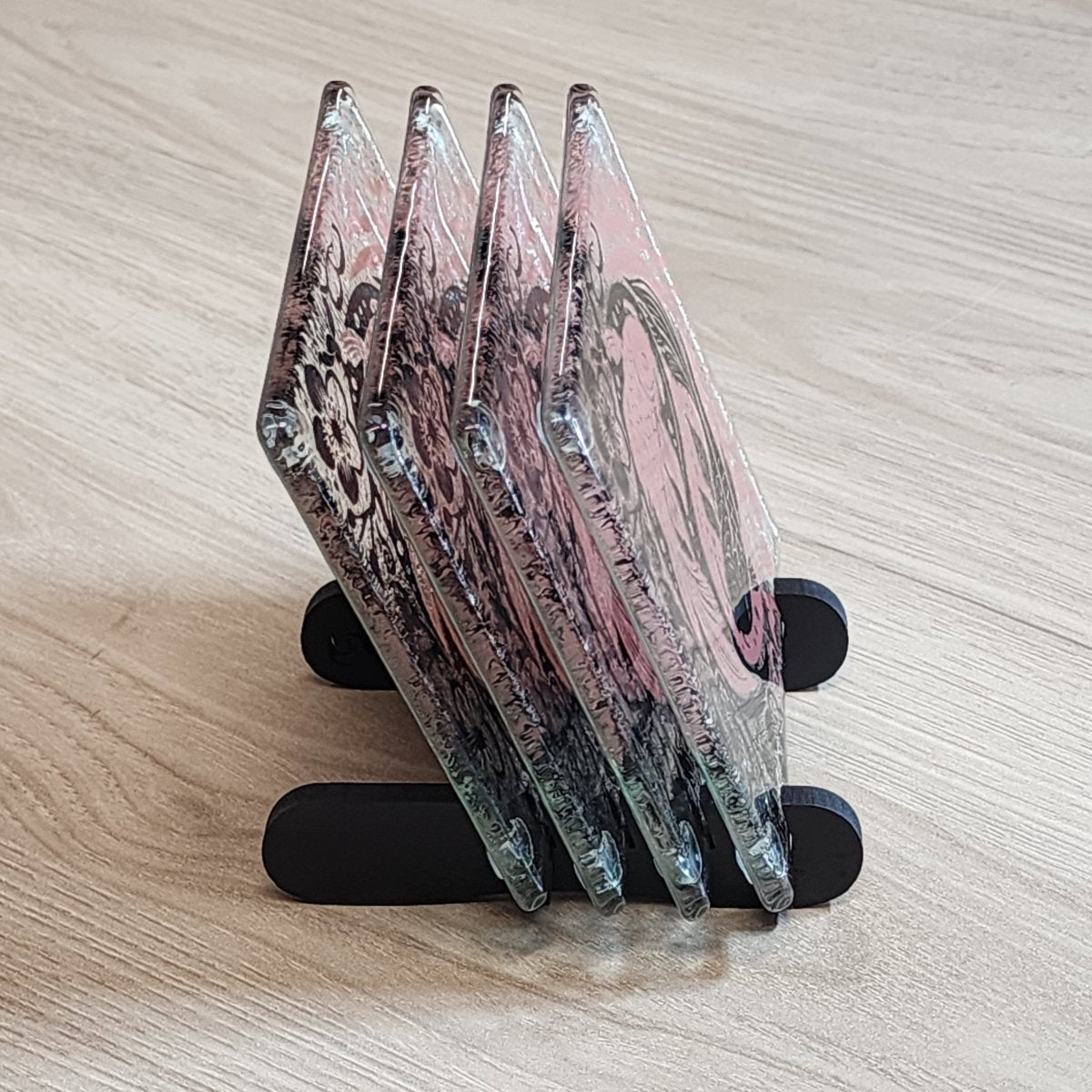 Koi Balance Pink/Black Glass Coasters - Pack of 4 - Fiery Creations Ltd