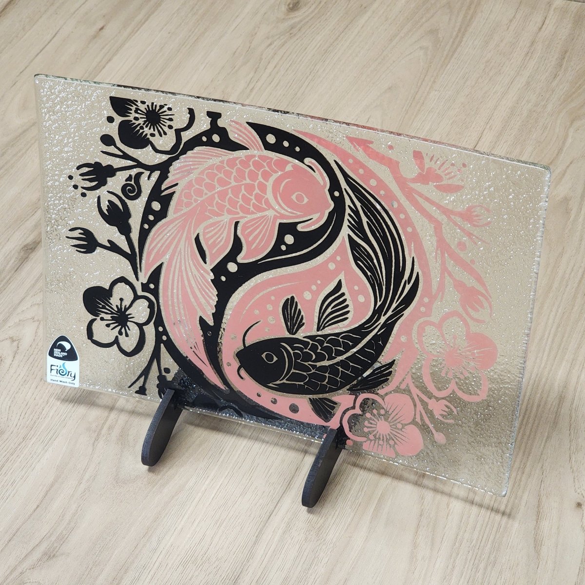 Koi Balance Pink/Black Medium Rectangle 300x200mm w/stand - Fiery Creations Ltd