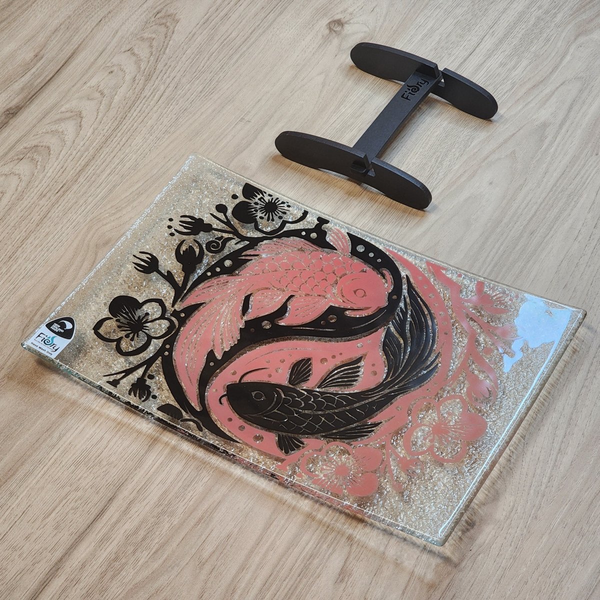 Koi Balance Pink/Black Medium Rectangle 300x200mm w/stand - Fiery Creations Ltd