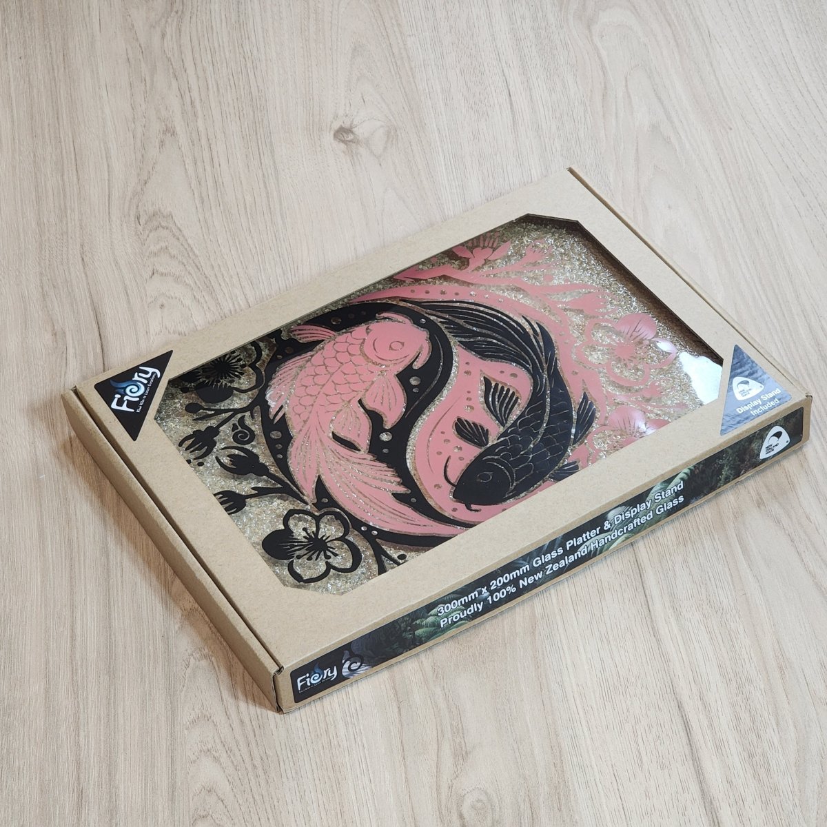 Koi Balance Pink/Black Medium Rectangle 300x200mm w/stand - Fiery Creations Ltd
