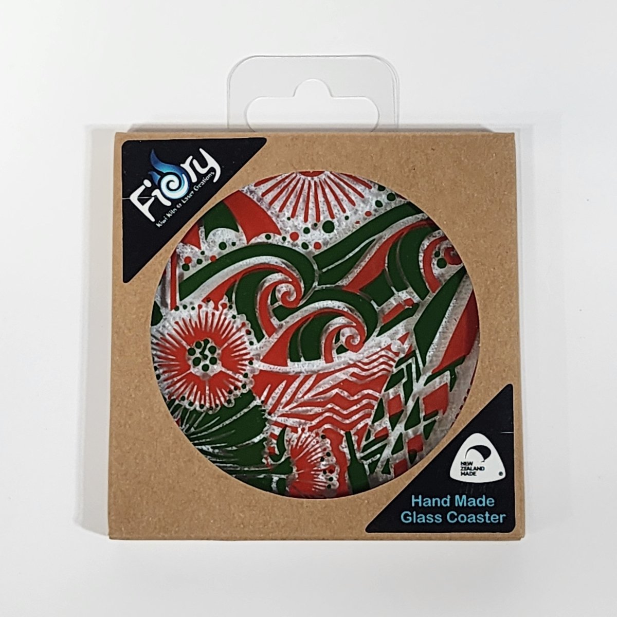 NZ Made Glass Coaster Kiwi Summer - Green/Red - Single in display box - Fiery Creations Ltd