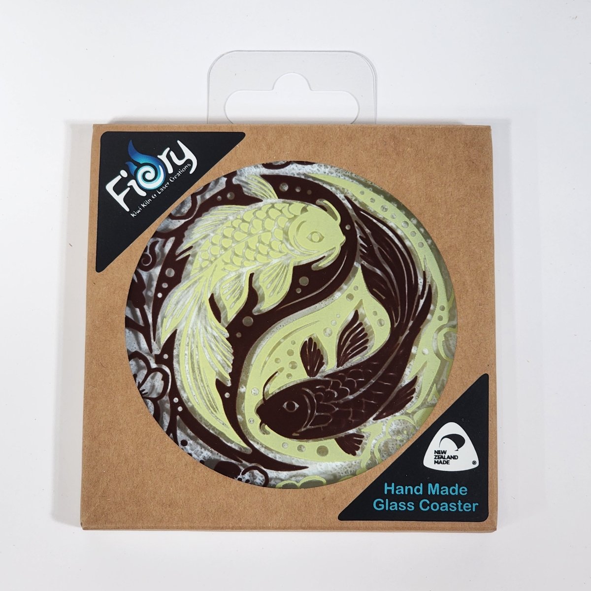 NZ Made Glass Coaster Koi Balance - Brown/Lemon - Single in display box - Fiery Creations Ltd