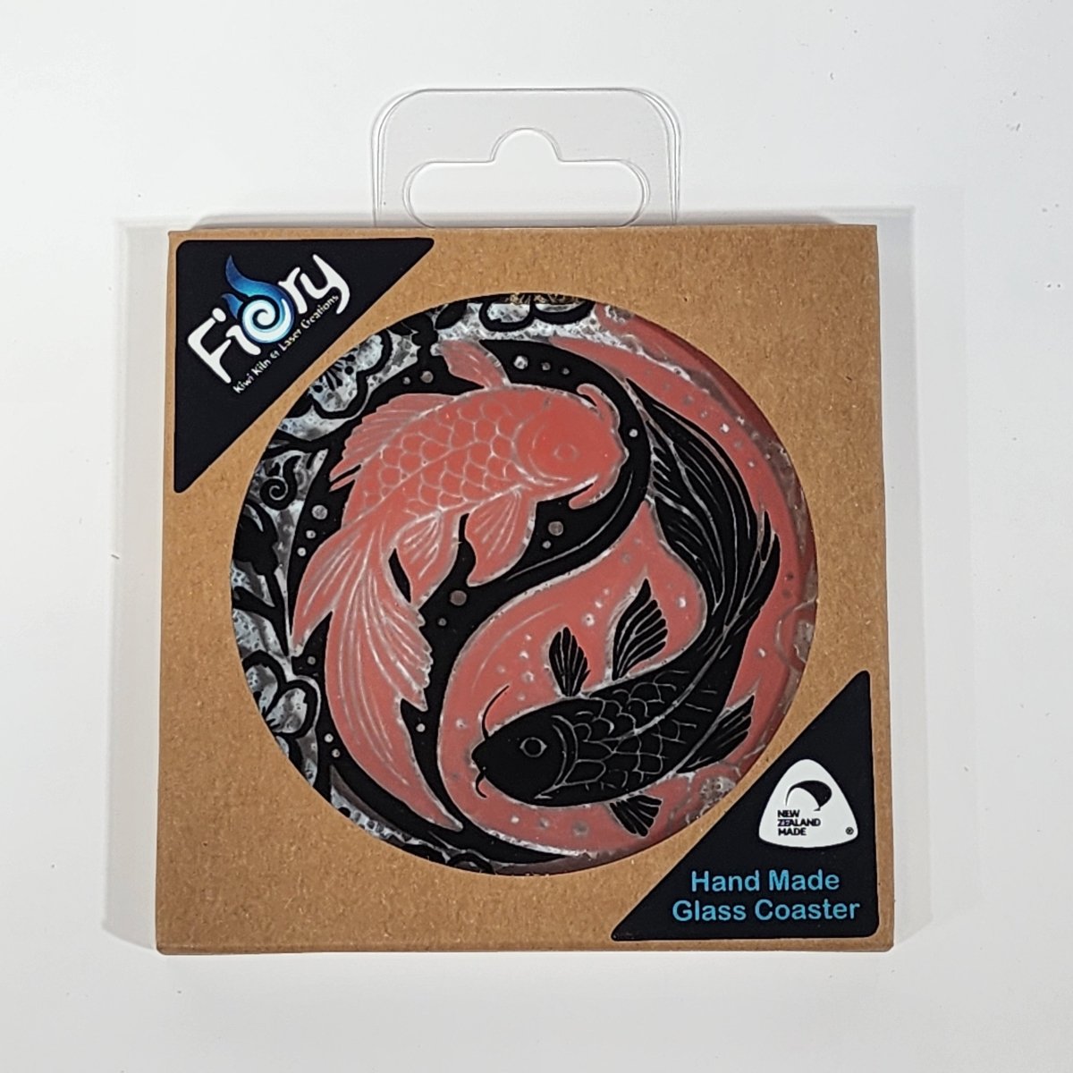 NZ Made Glass Coaster Koi Balance - Pink/Blk - Single in display box - Fiery Creations Ltd