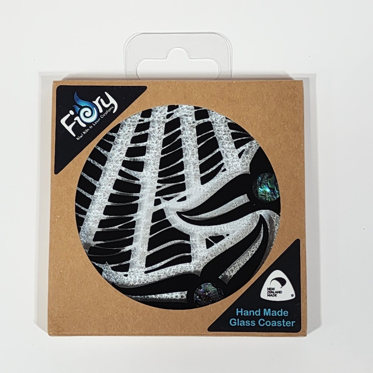 NZ Made Glass Coaster Paua Whale Tail Single in display box - Fiery Creations Ltd