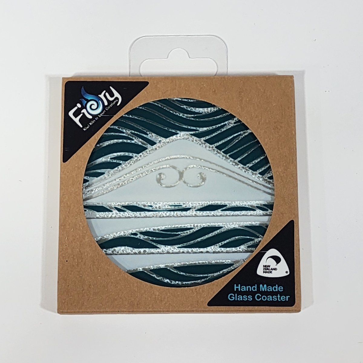 NZ Made Glass Coaster Te Maunga - Teal/Pearl - Single in display box - Fiery Creations Ltd