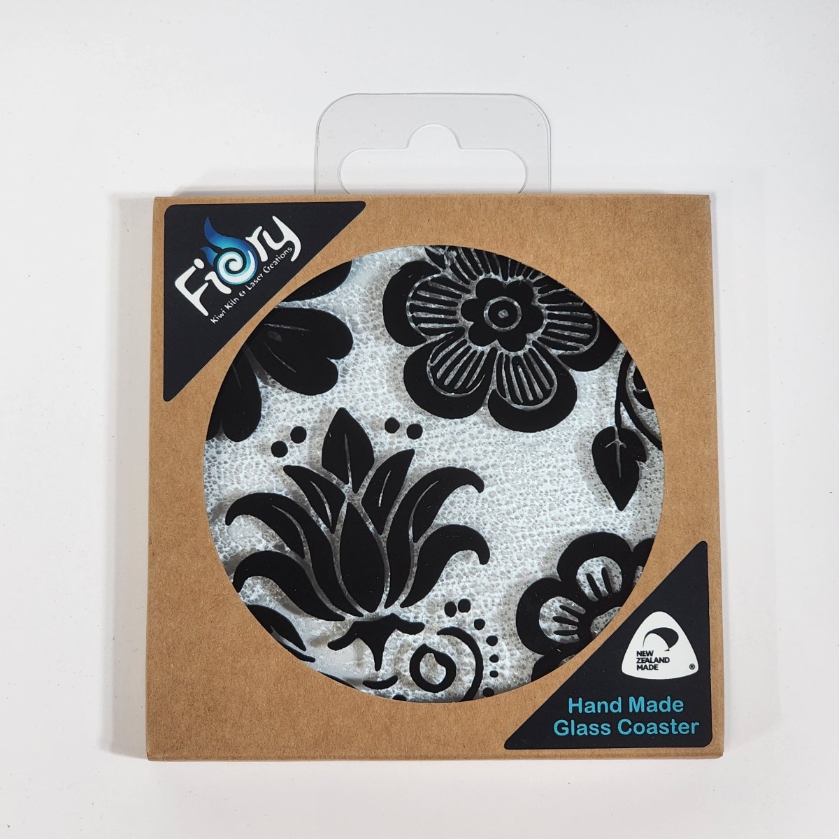 NZ Made Glass Coaster Wild Flowers - Blk - Single in display box - Fiery Creations Ltd