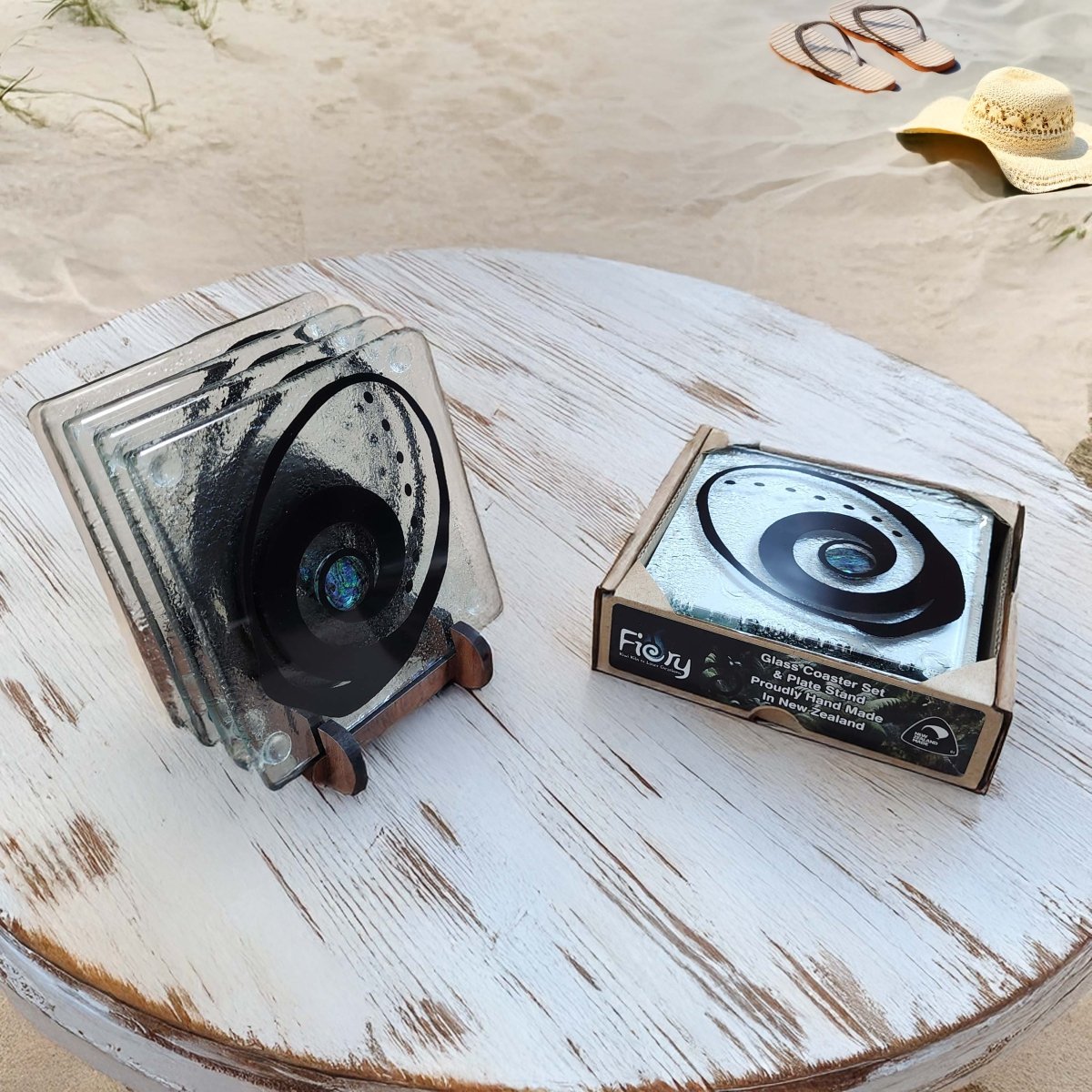 NZ Made Glass Coasters Paua Shell - Blk - 4Pk w/stand4 - Fiery Creations Ltd